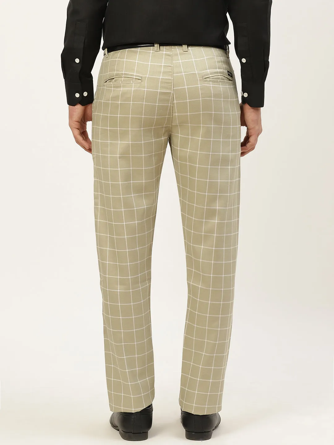 Men's Cotton Blend Dark Pista Green & Off White Checked Formal Trousers - Sojanya