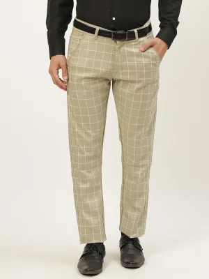 Men's Cotton Blend Dark Pista Green & Off White Checked Formal Trousers - Sojanya