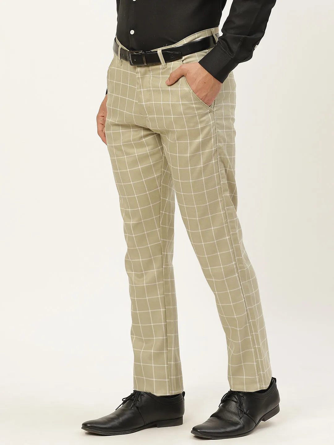 Men's Cotton Blend Dark Pista Green & Off White Checked Formal Trousers - Sojanya