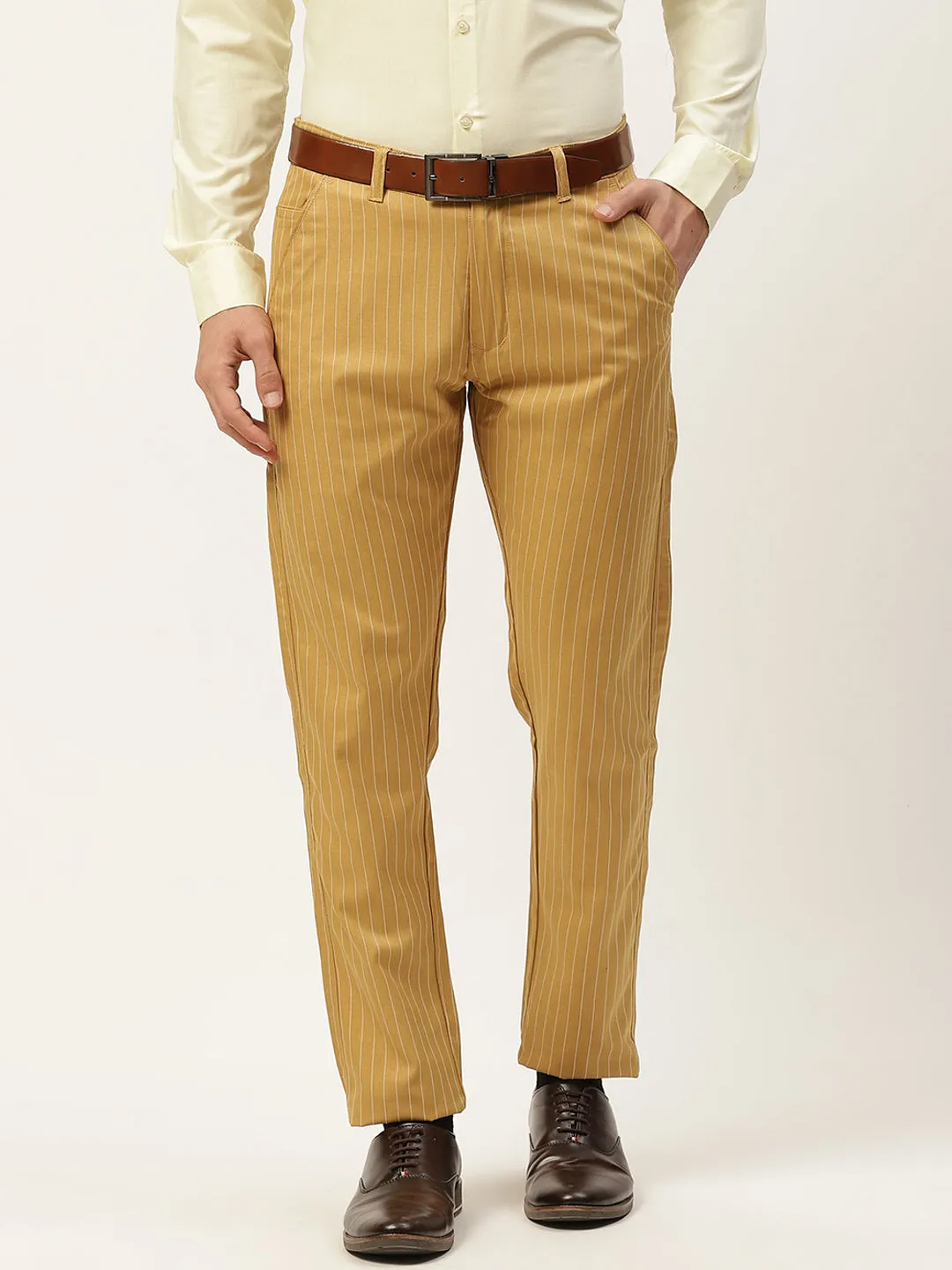 Men's Cotton Blend Gold & Offwhite Striped Formal Trousers - Sojanya