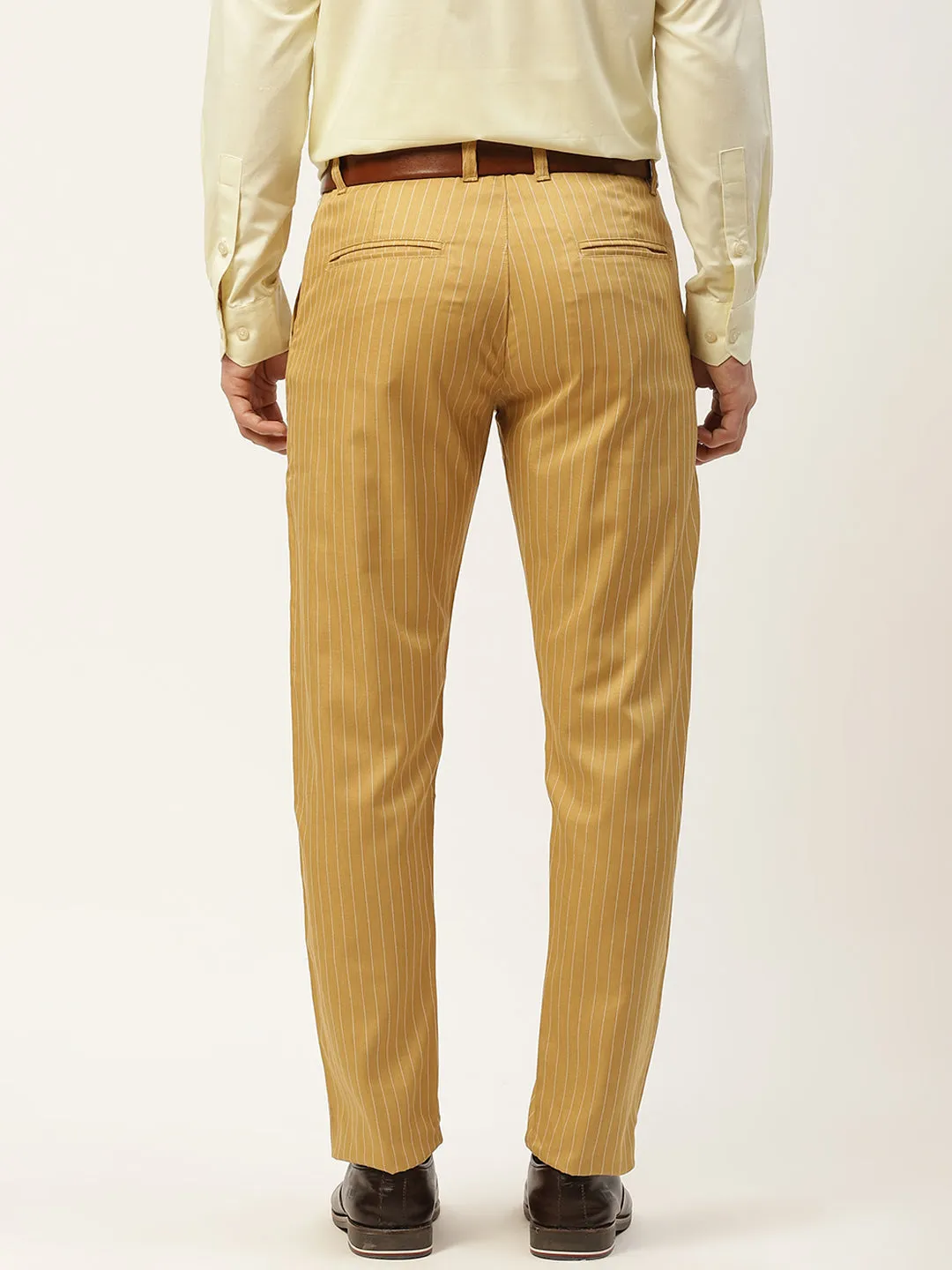 Men's Cotton Blend Gold & Offwhite Striped Formal Trousers - Sojanya