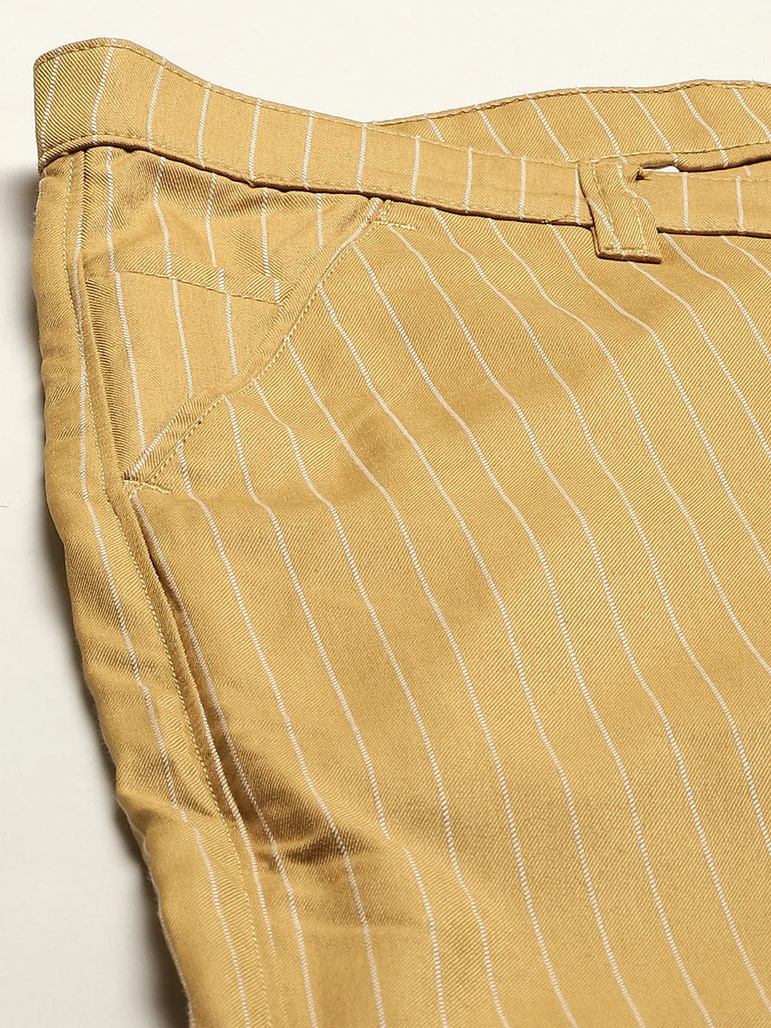 Men's Cotton Blend Gold & Offwhite Striped Formal Trousers - Sojanya