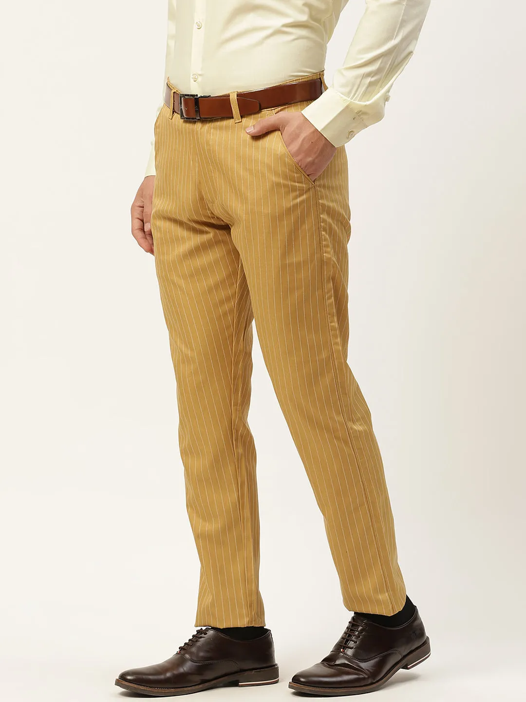 Men's Cotton Blend Gold & Offwhite Striped Formal Trousers - Sojanya