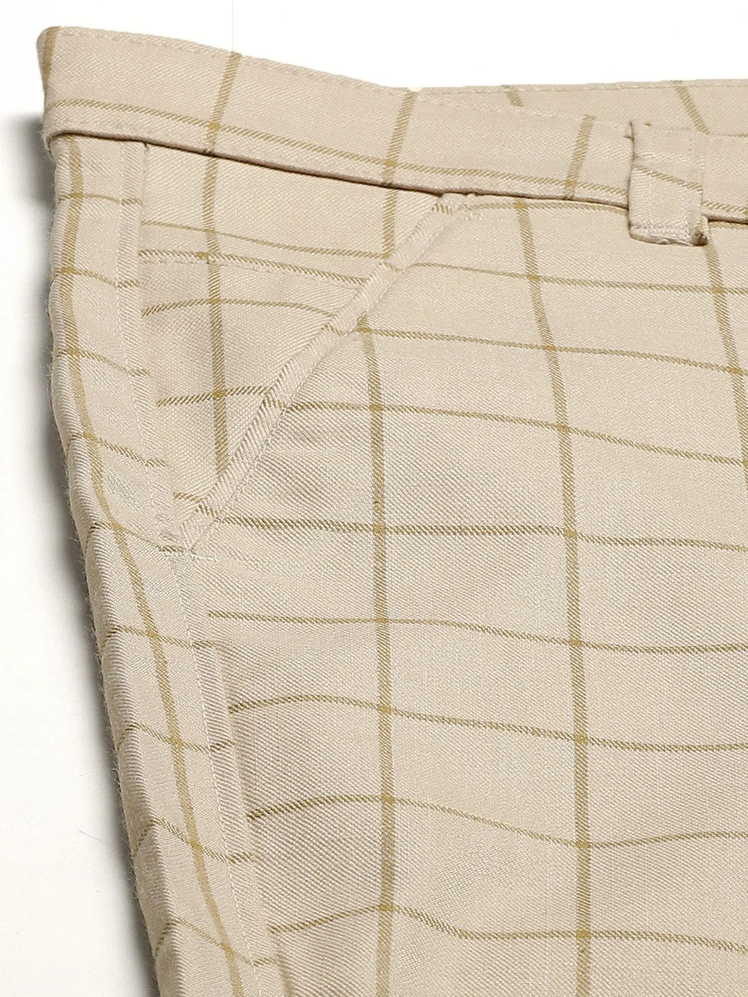 Men's Cotton Blend Light Beige & Green Checked Formal Trousers - Sojanya