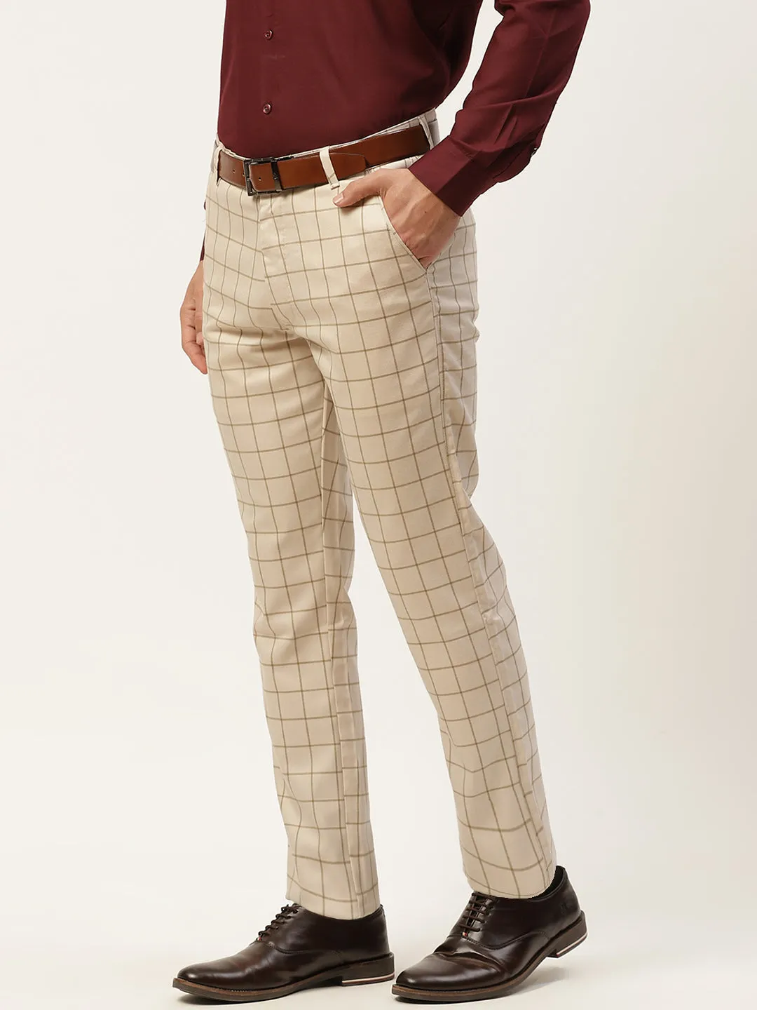 Men's Cotton Blend Light Beige & Green Checked Formal Trousers - Sojanya