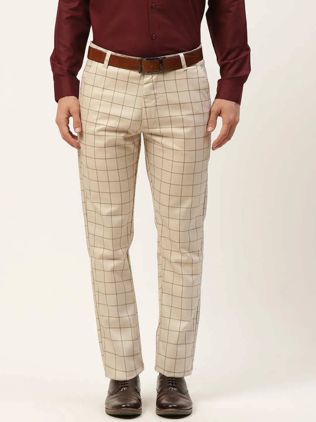 Men's Cotton Blend Light Beige & Green Checked Formal Trousers - Sojanya