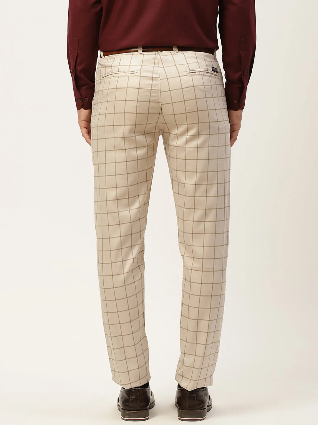 Men's Cotton Blend Light Beige & Green Checked Formal Trousers - Sojanya