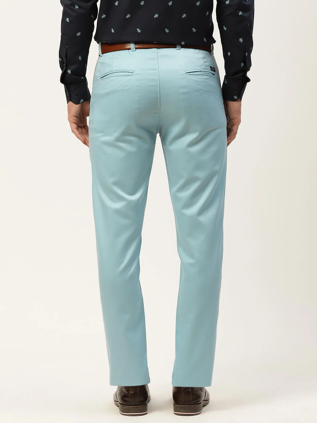 Men's Cotton Blend Sky Blue Solid Formal Trousers - Sojanya