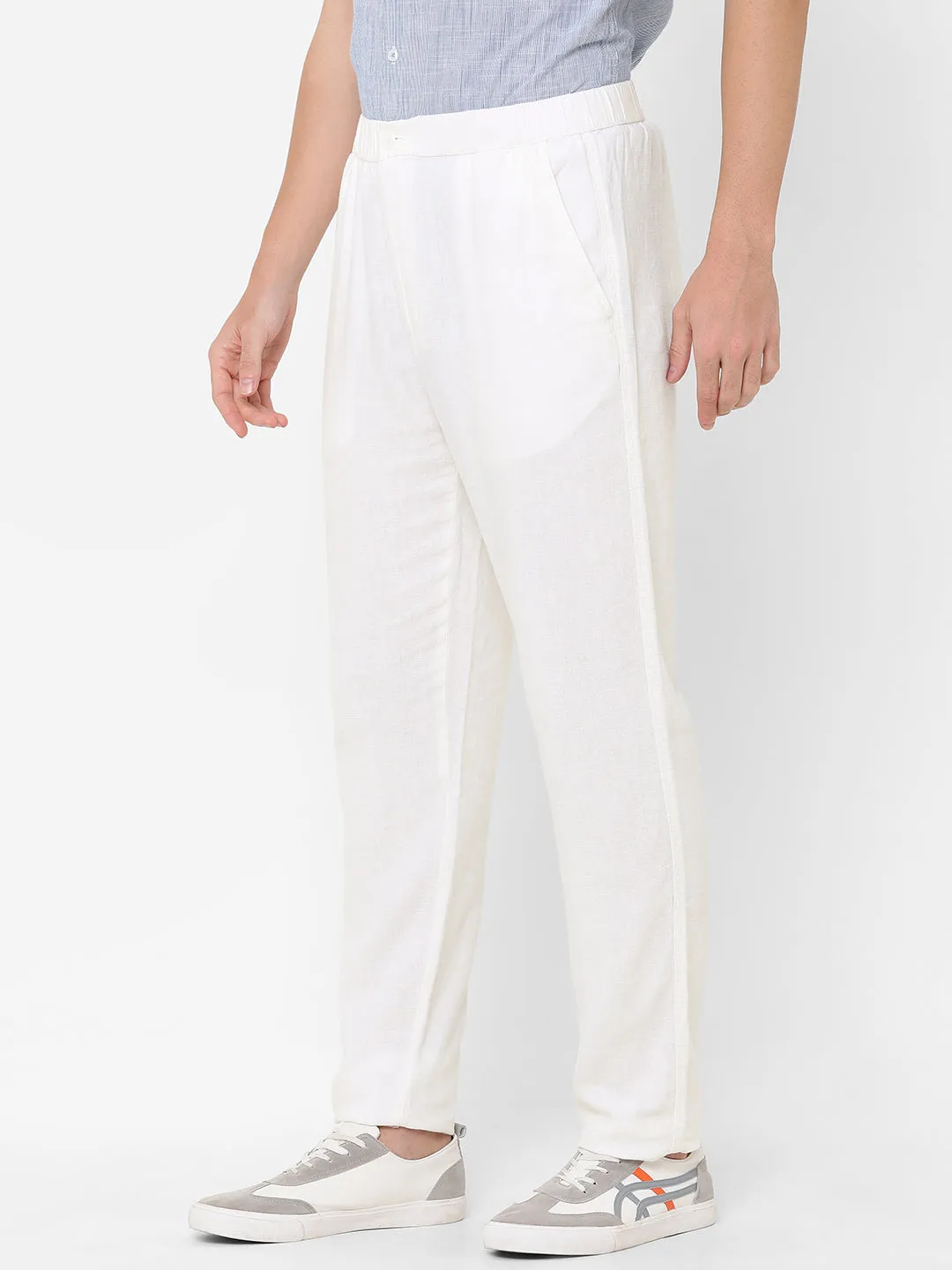 Men's White Cotton Linen Regular Fit Draw String Pant