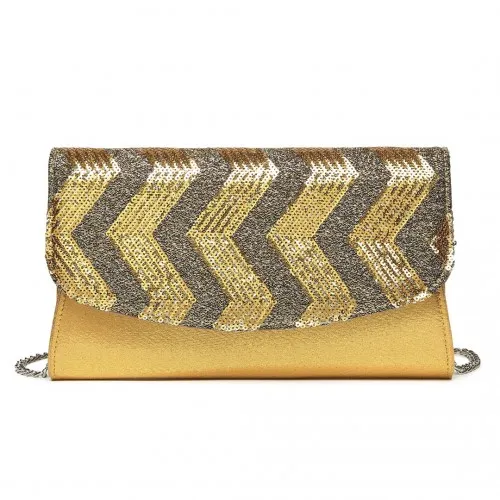 Miss Lulu Gorgeous Sequin Evening Clutch Bag with Chain Strap - Elegant Gold Shoulder Bag for Parties and Events