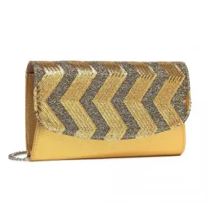 Miss Lulu Gorgeous Sequin Evening Clutch Bag with Chain Strap - Elegant Gold Shoulder Bag for Parties and Events