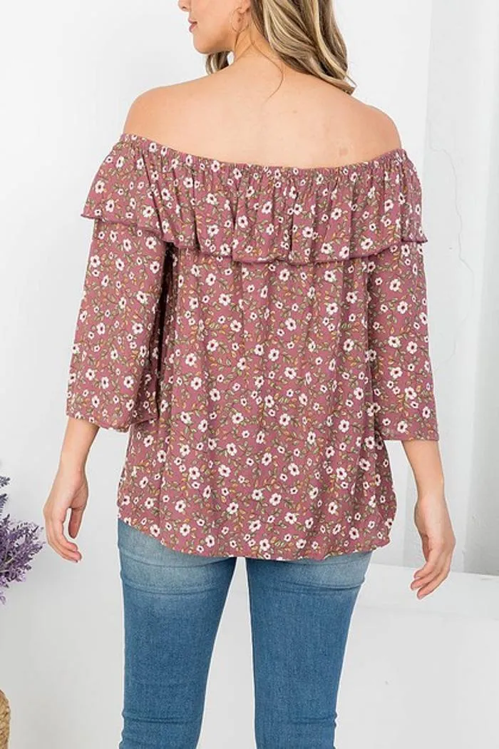 Off Shoulder Ruffle Detail Floral Print Top