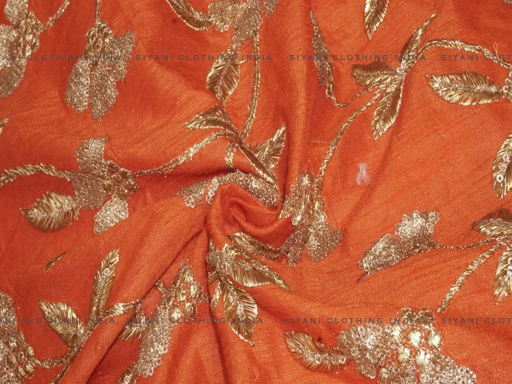 Orange Floral Gota Embroidered Silk Fabric