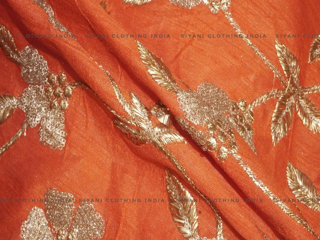 Orange Floral Gota Embroidered Silk Fabric