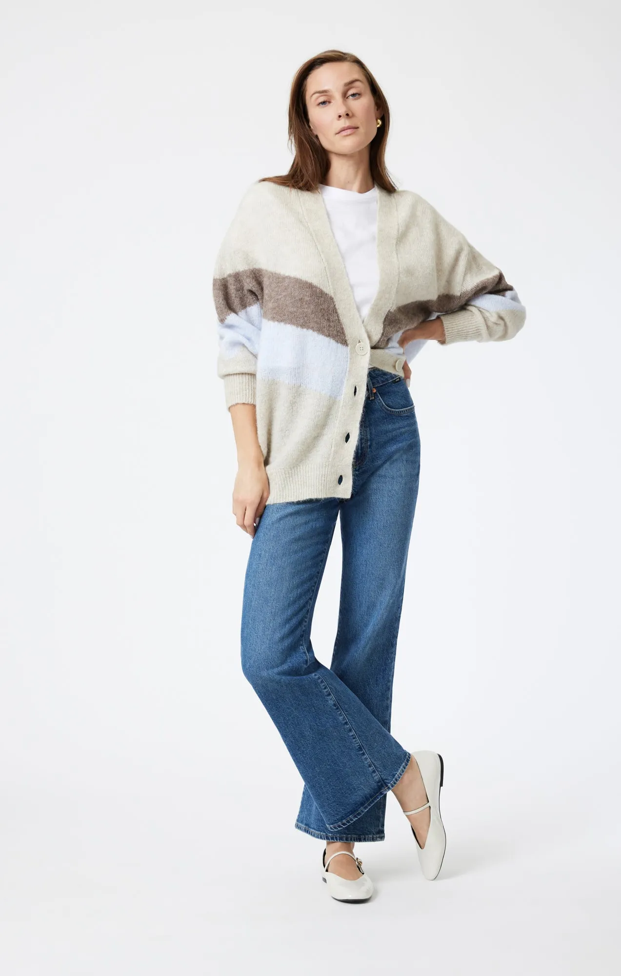 OVERSIZED CARDIGAN IN TAUPE GREY STRIPE