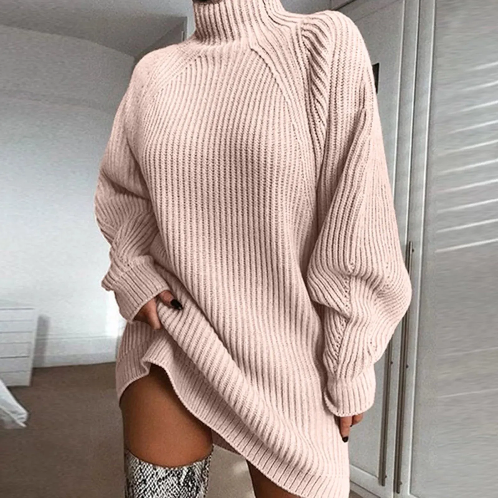 Oversized Knitted Elegant Mini Sweater Casual Turtleneck Dress