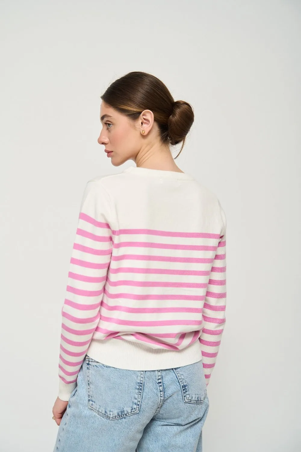 Pink Striped Knit Sweater with a Crew Neck