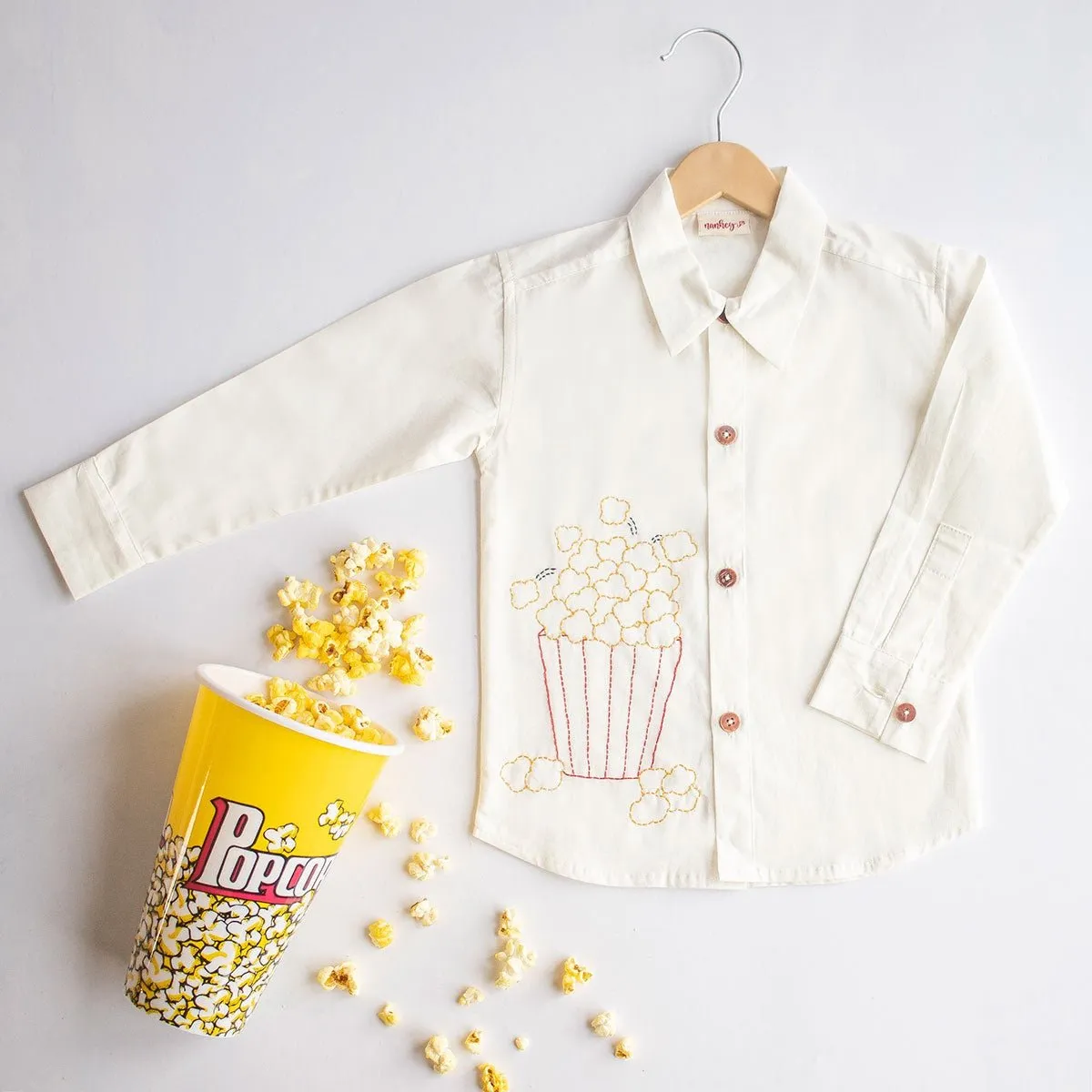 Popcorn Embroidered Unisex Organic Cotton Shirt- White