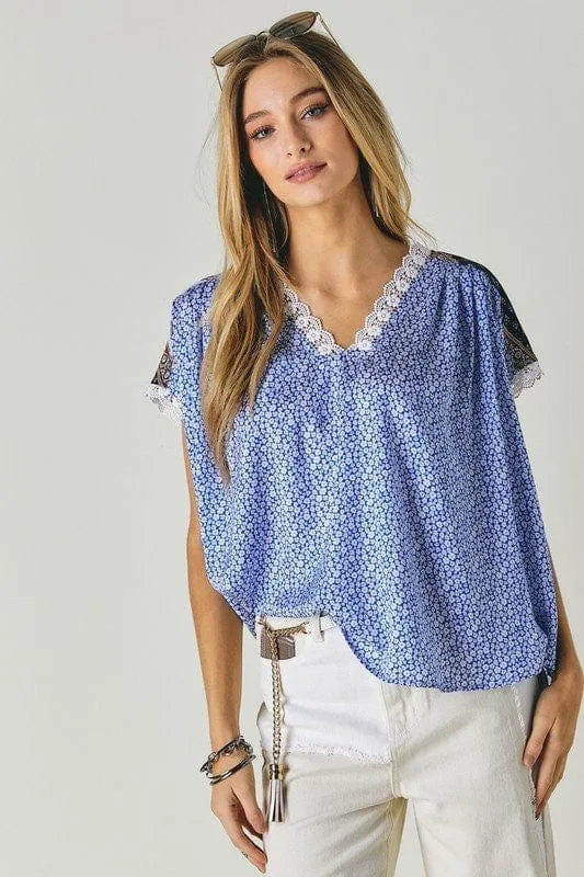 Printed Lace V-Neck Short Sleeve Loose Top *Online Only*