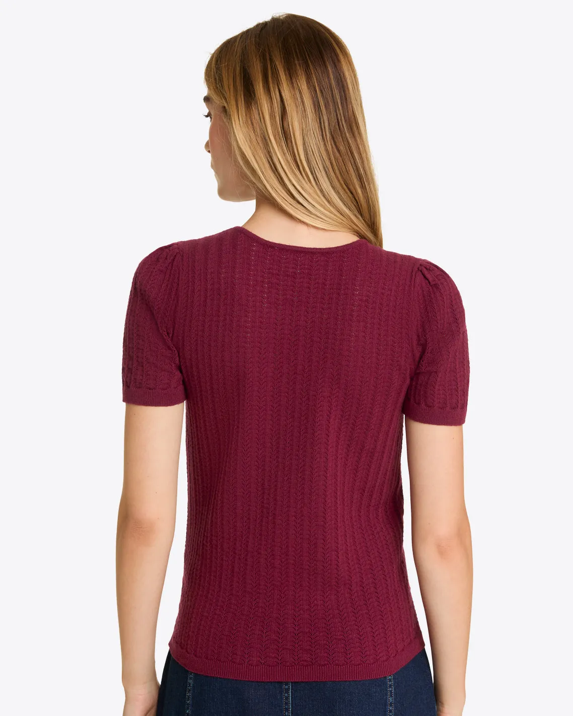 Short Sleeve Sweater in Red Pointelle