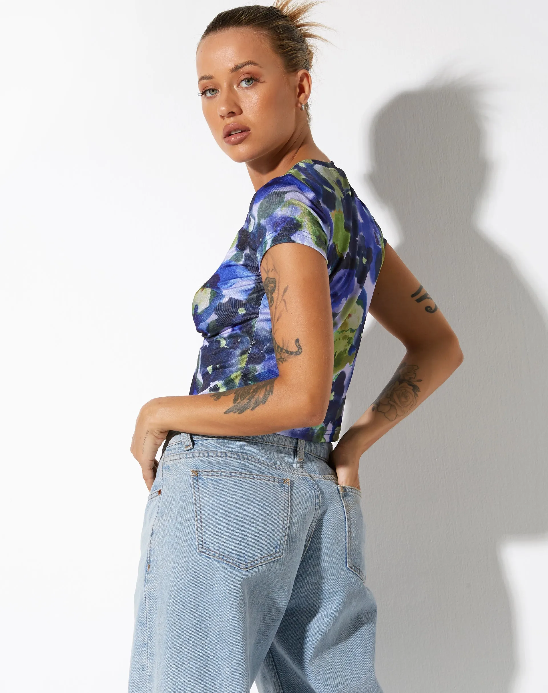 Sianda Crop Top in Abstract Watercolour Blue