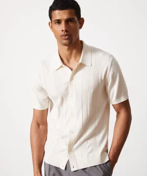 Silk Cotton Ribbed Full Placket Polo in Bisque