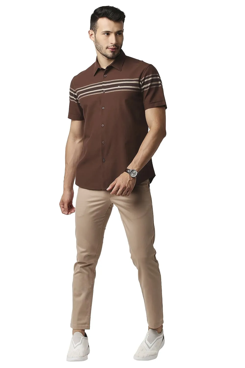 Slim Fit Dobby Engineering Weft Stripe Halfsleeves Shirt