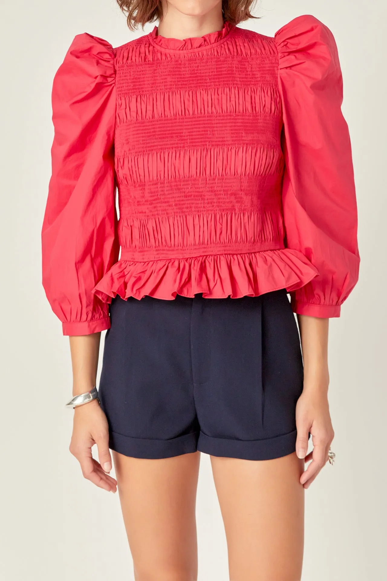 Smocking Detail Puff Sleeve Poplin Blouse