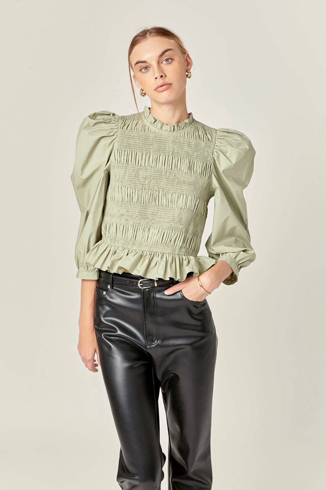 Smocking Detail Puff Sleeve Poplin Blouse