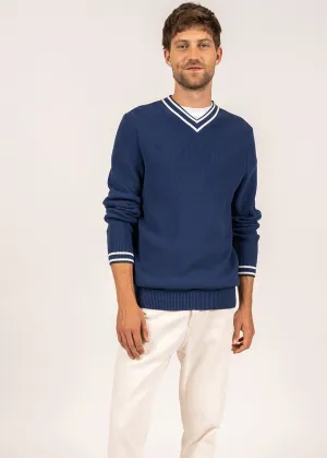 TREGUIER - V-Neck Purl Knit Sweater (INDIGO / IVORY)