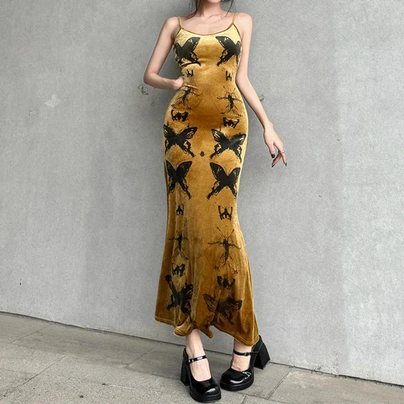 Uniwim Elegant Butterfly Printing Strap Velour Long Dress