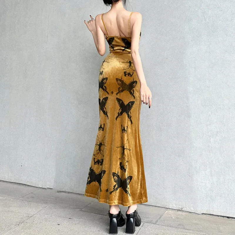 Uniwim Elegant Butterfly Printing Strap Velour Long Dress