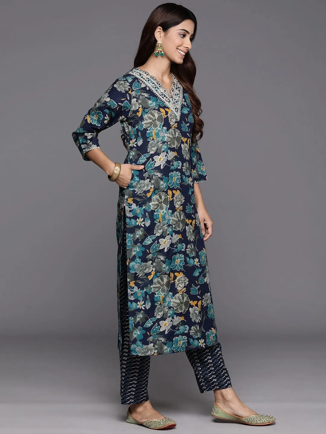 Varanga Women Blue Floral Print And Embroidered Kurta With Bottom And Dupatta