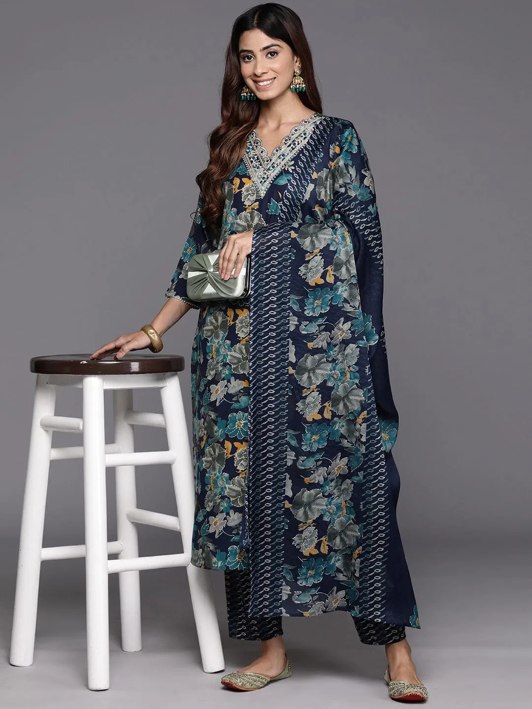 Varanga Women Blue Floral Print And Embroidered Kurta With Bottom And Dupatta