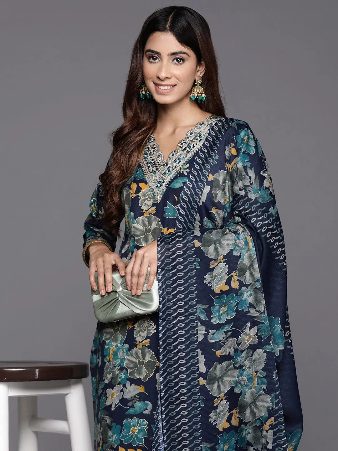 Varanga Women Blue Floral Print And Embroidered Kurta With Bottom And Dupatta