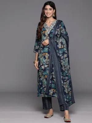 Varanga Women Blue Floral Print And Embroidered Kurta With Bottom And Dupatta