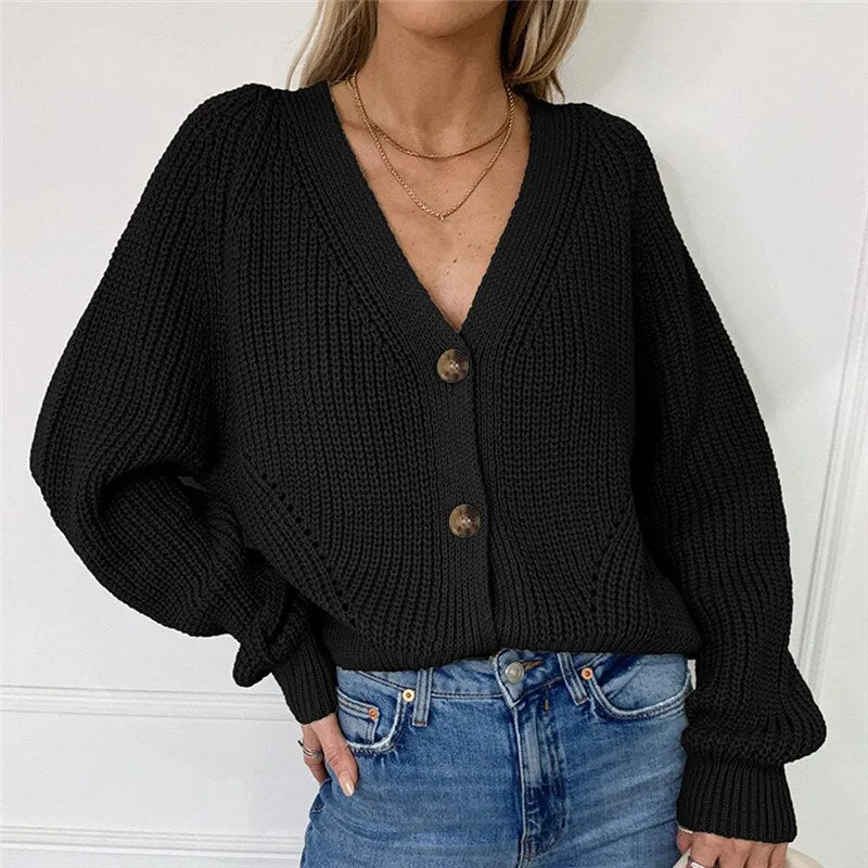 Wenkouban Women Fashion Oversized V-Neck Button Solid Knitwear Outwear Cardigans Autumn New Casual Batwing Sleeve Knitted Sweater Female