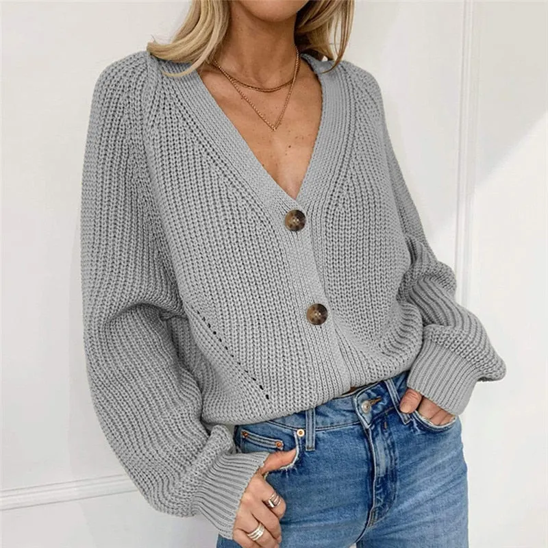 Wenkouban Women Fashion Oversized V-Neck Button Solid Knitwear Outwear Cardigans Autumn New Casual Batwing Sleeve Knitted Sweater Female