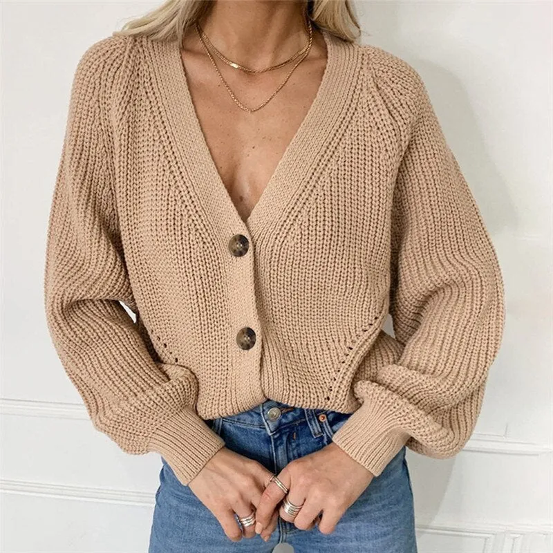 Wenkouban Women Fashion Oversized V-Neck Button Solid Knitwear Outwear Cardigans Autumn New Casual Batwing Sleeve Knitted Sweater Female