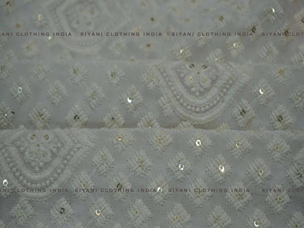 White Geomatric Pattern Thread Embroidered Silk Fabric