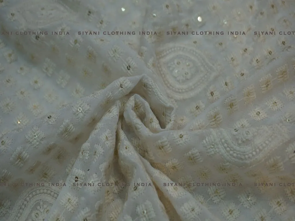 White Geomatric Pattern Thread Embroidered Silk Fabric