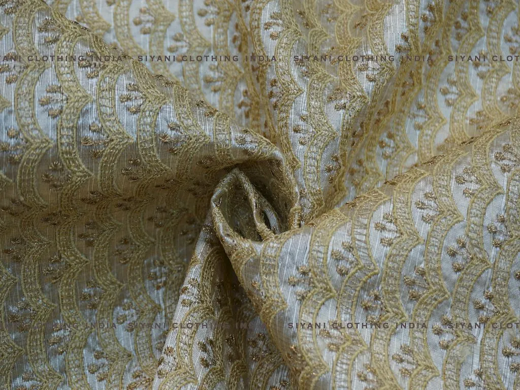 White Gota And Thread Embroidered Silk Fabric