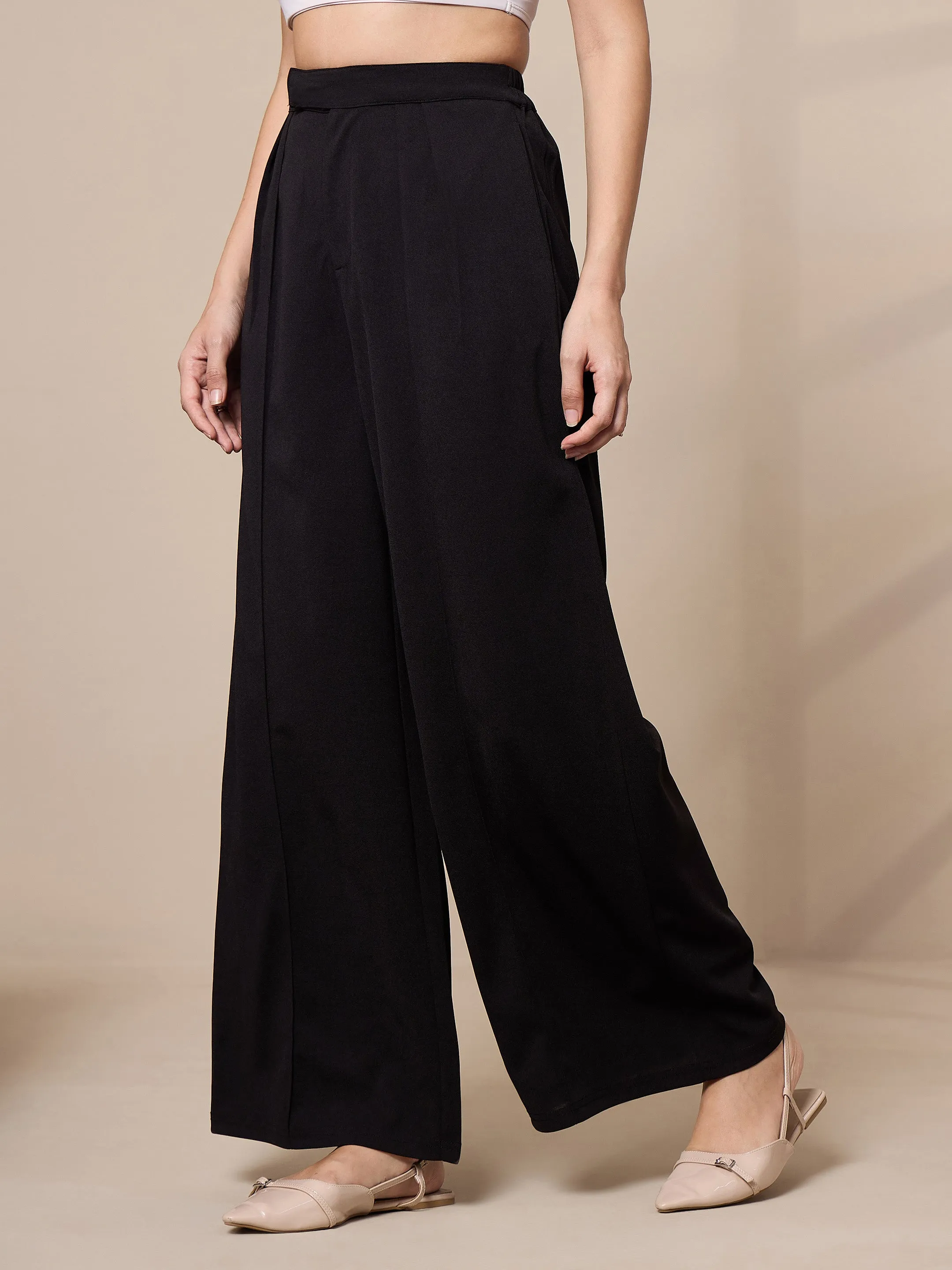 Women Black Pleated Wide Leg Trousers