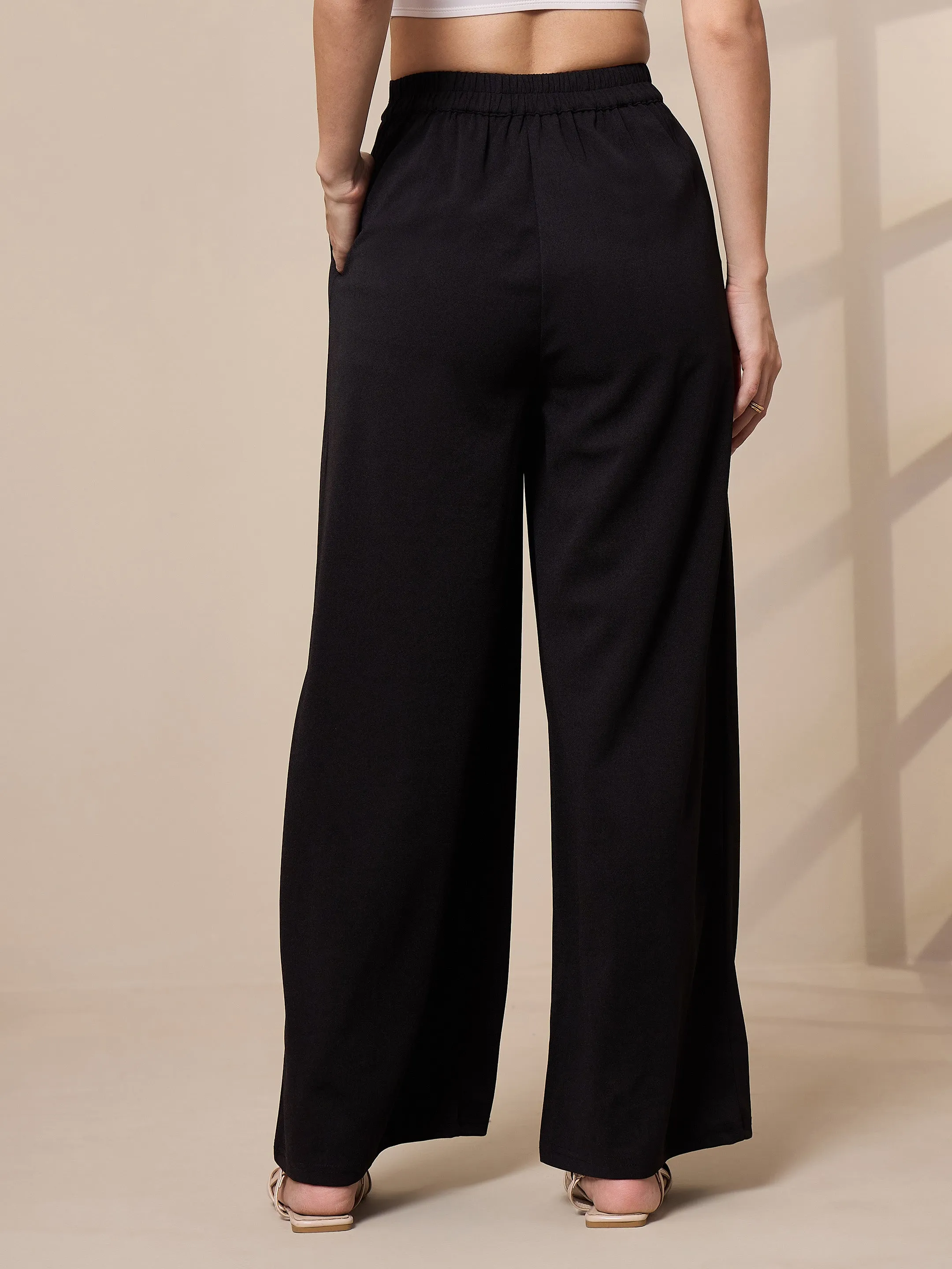 Women Black Pleated Wide Leg Trousers