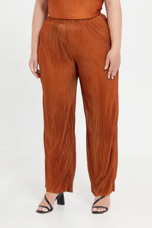 Women Brown Wide Leg Elasticated Waist Plisse Trouser