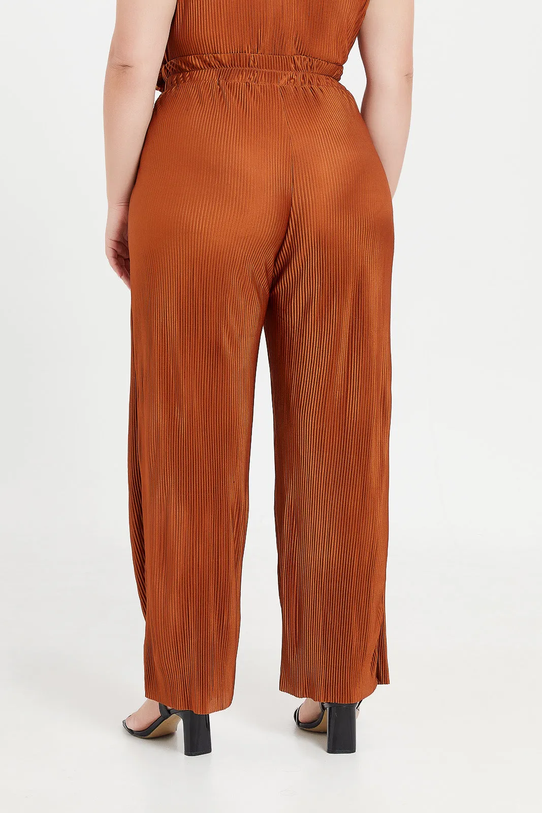 Women Brown Wide Leg Elasticated Waist Plisse Trouser