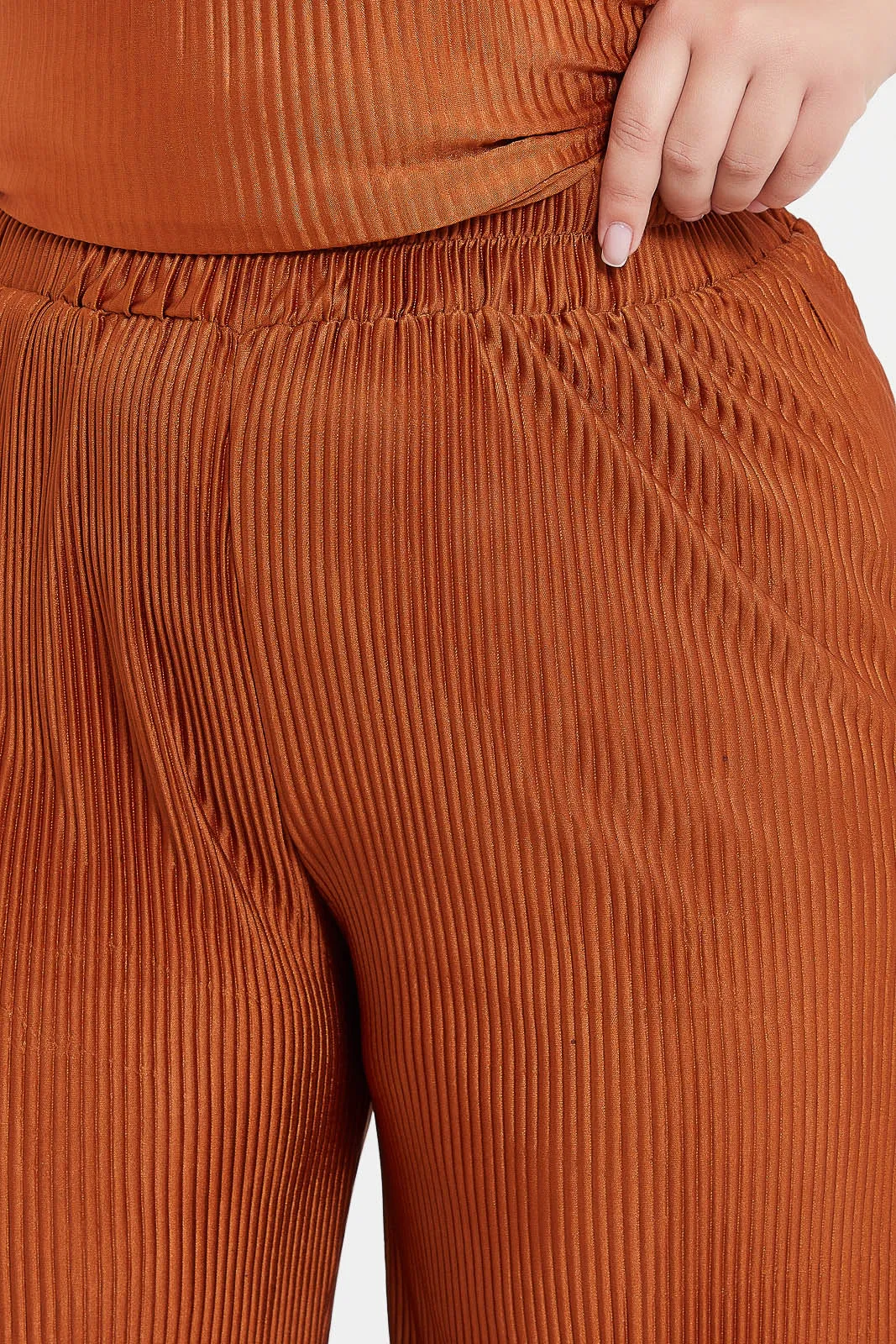 Women Brown Wide Leg Elasticated Waist Plisse Trouser