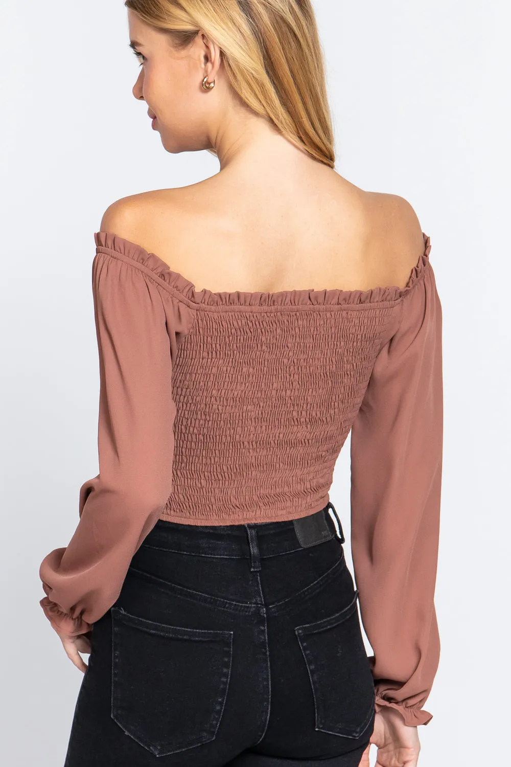 Women's Off Shoulder Smocking Woven Top