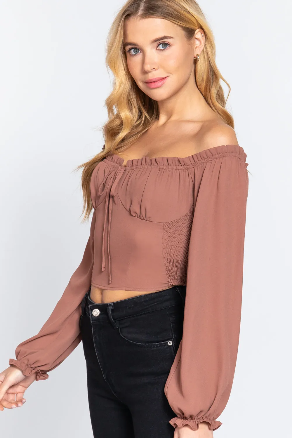 Women's Off Shoulder Smocking Woven Top